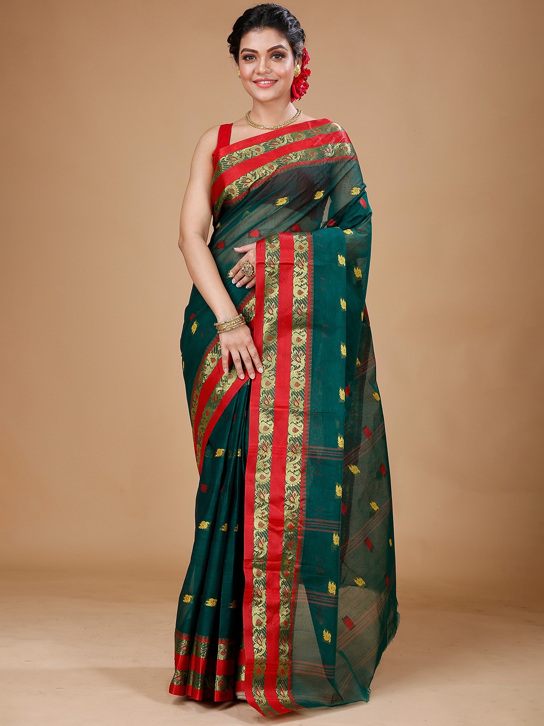 

SLAGHA Woven Design Zari Pure Cotton Taant Saree, Green
