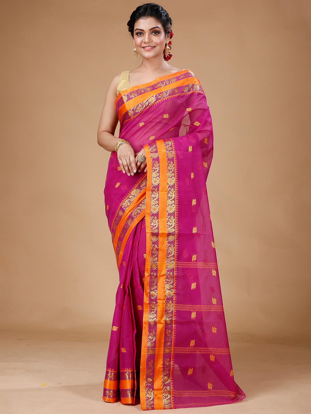 

SLAGHA Woven Design Zari Pure Cotton Taant Saree, Fuchsia