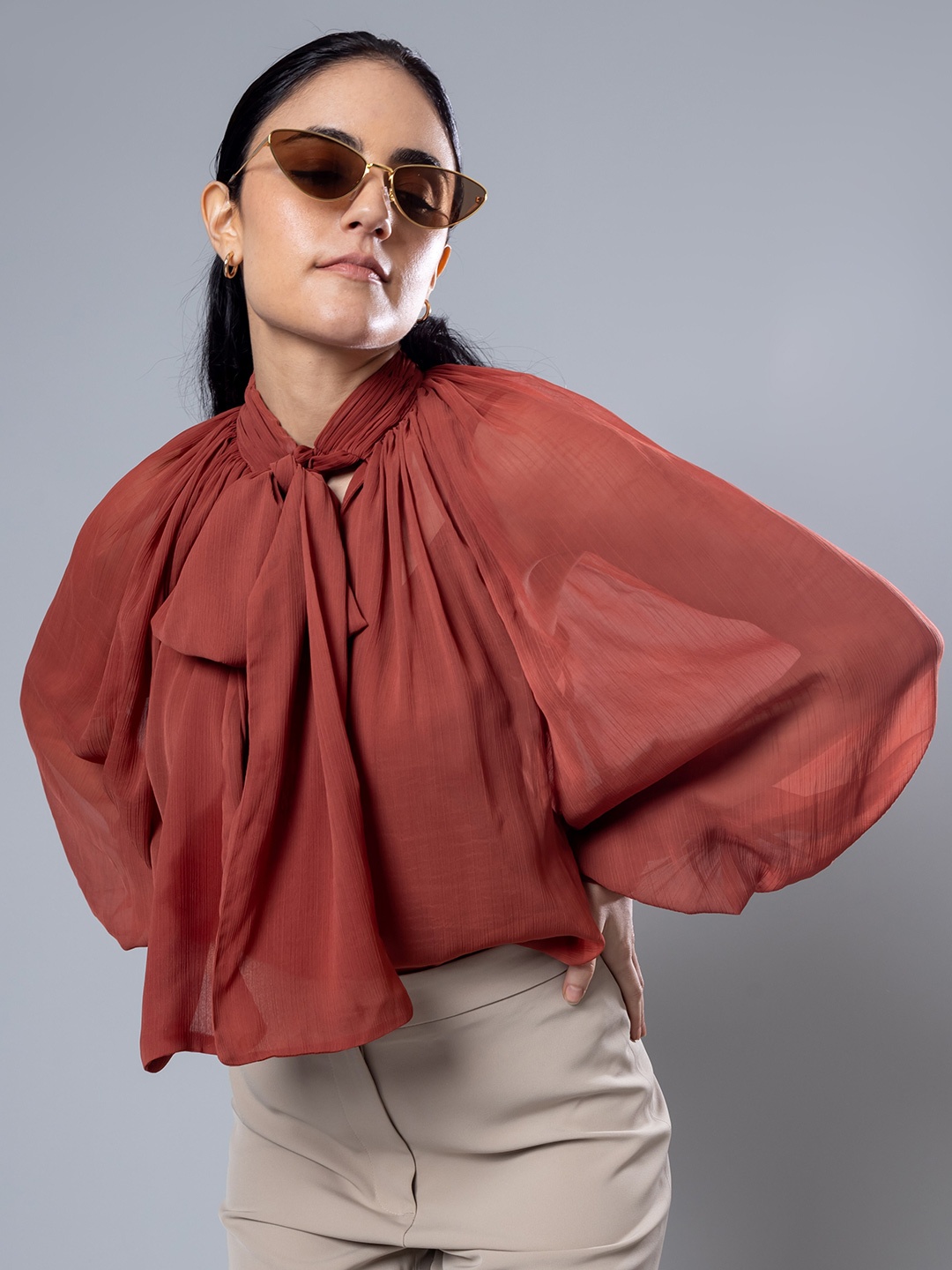 

H&M Full Sleeve Bow Tie Blouse, Rust