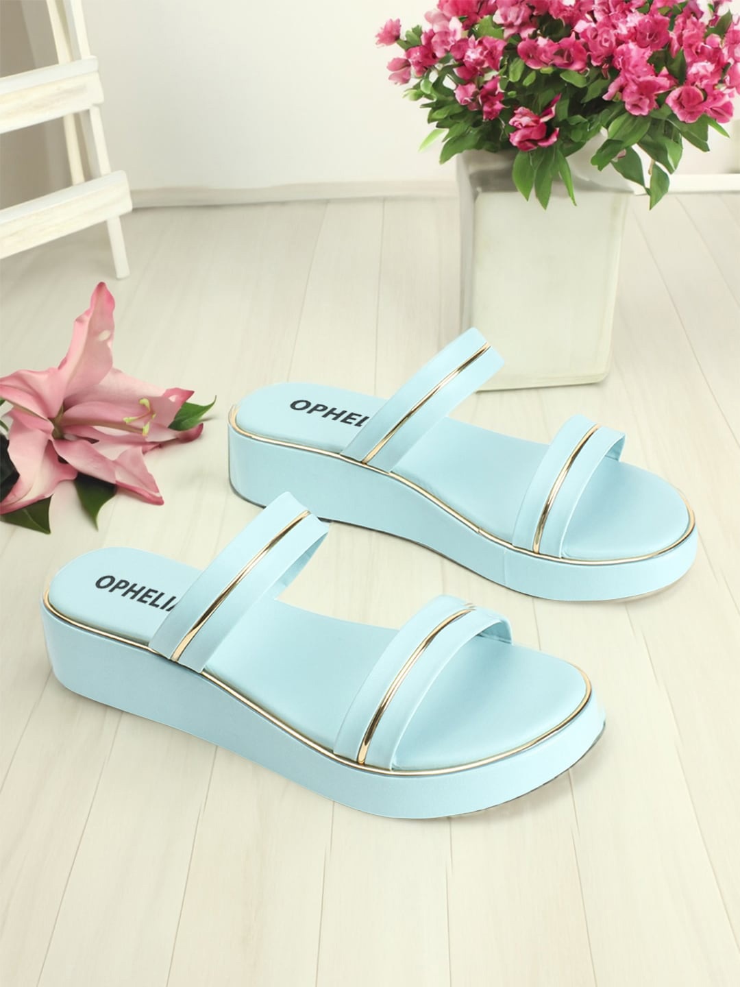 

OPHELIA Striped Open Toe Flats, Blue