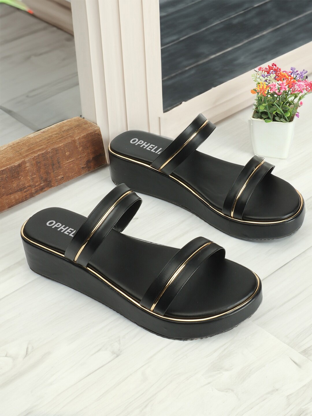 

OPHELIA Striped Open Toe Flats, Black