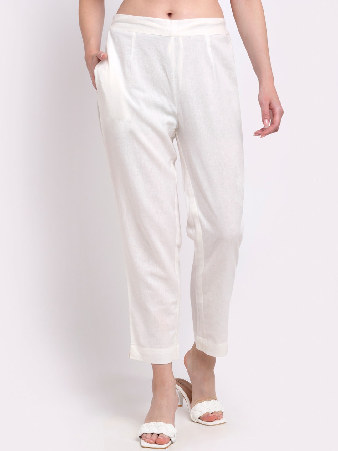 

LARGISH Women Relaxed Easy Wash Mid-Rise Cotton Trousers, Off white