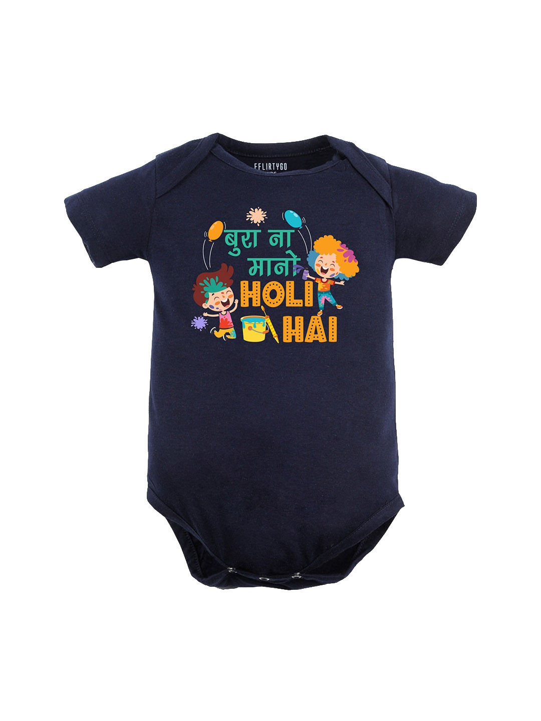 

FFLIRTYGO Infants Typography Printed Holi Hai Special Pure Cotton Bodysuit, Navy blue