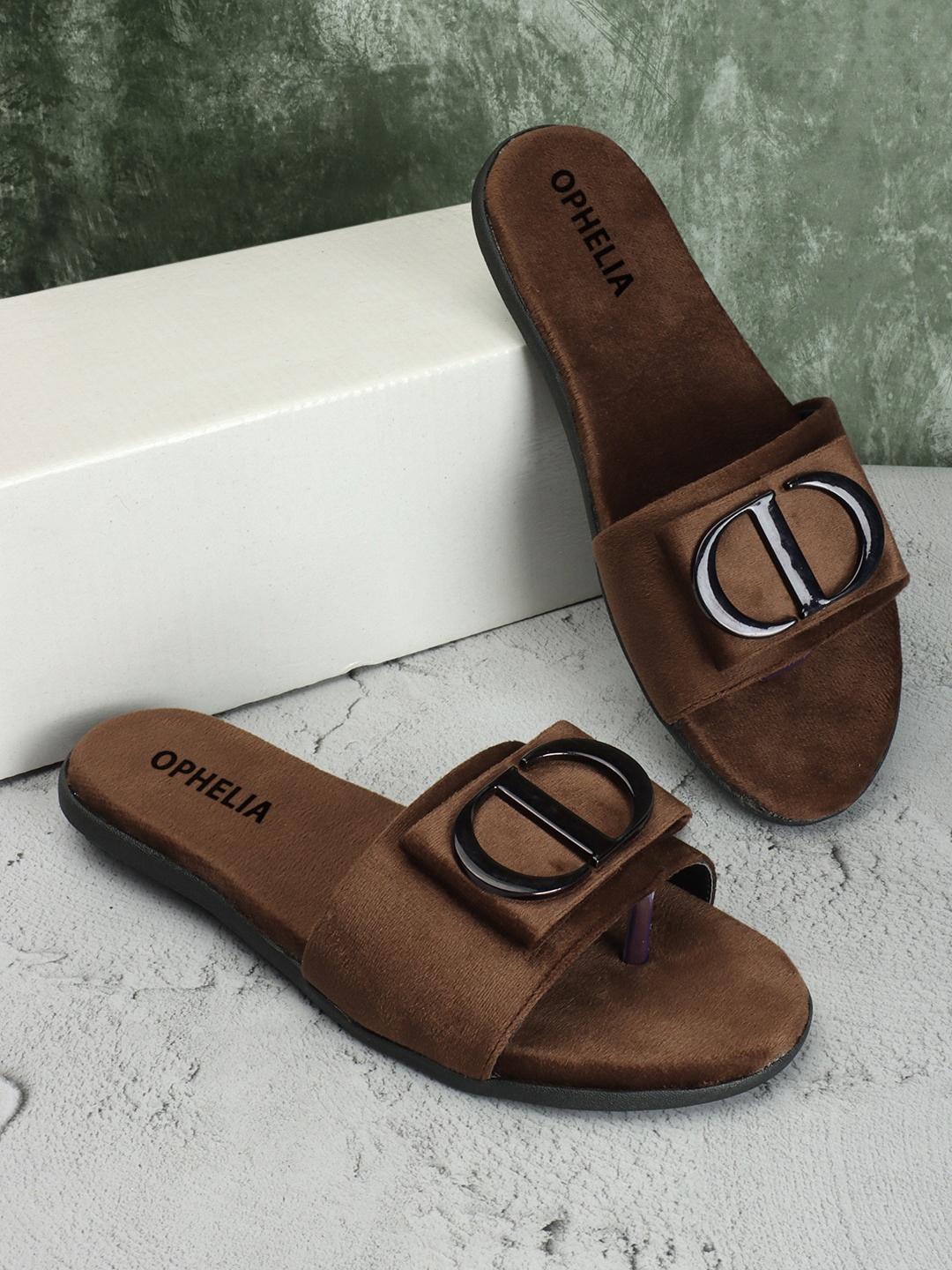 

OPHELIA Embellished Detail Open Toe Flats, Brown
