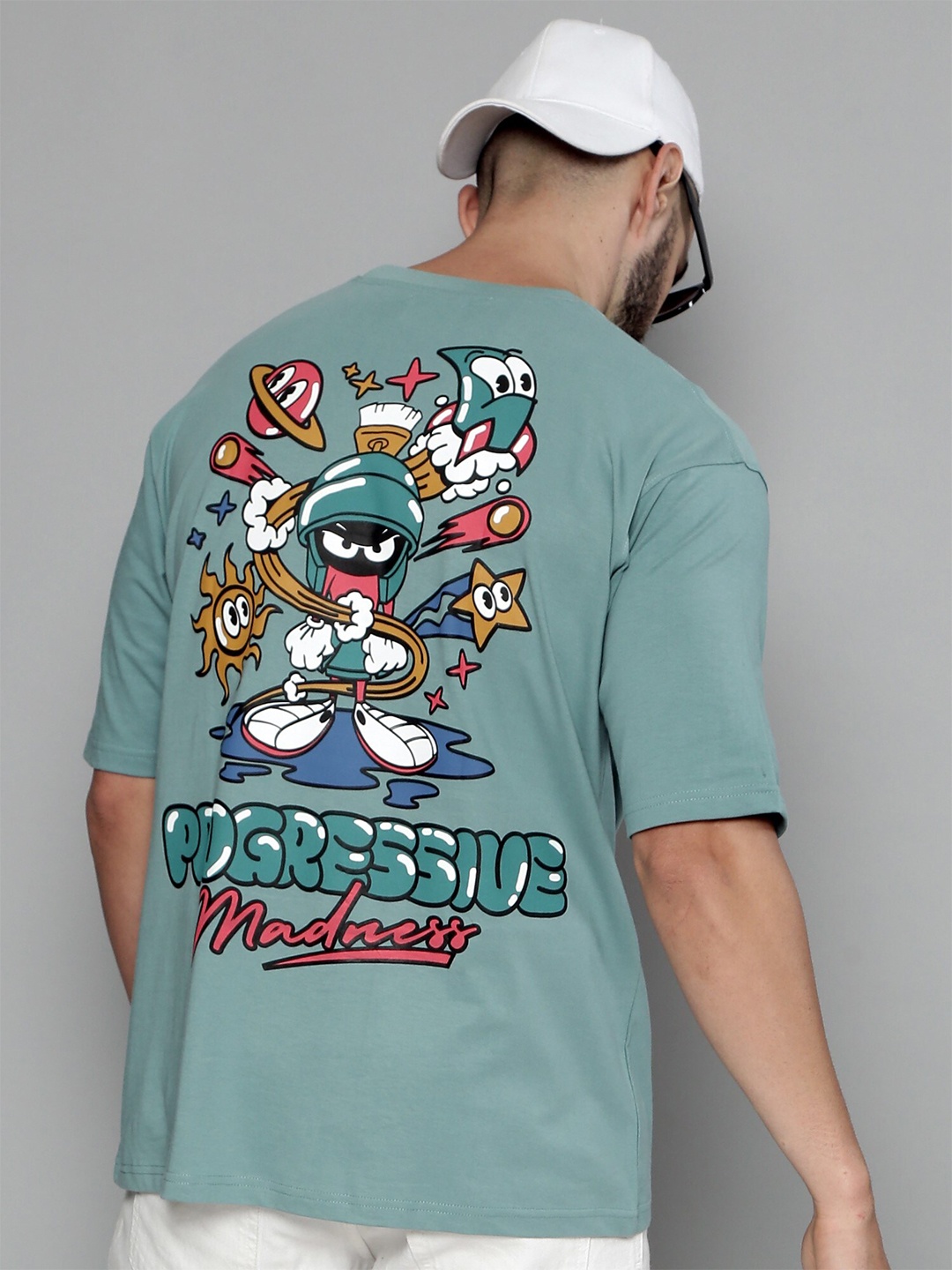 

Maniac Graphic Printed Drop-Shoulder Sleeves Oversized Cotton T-shirt, Green