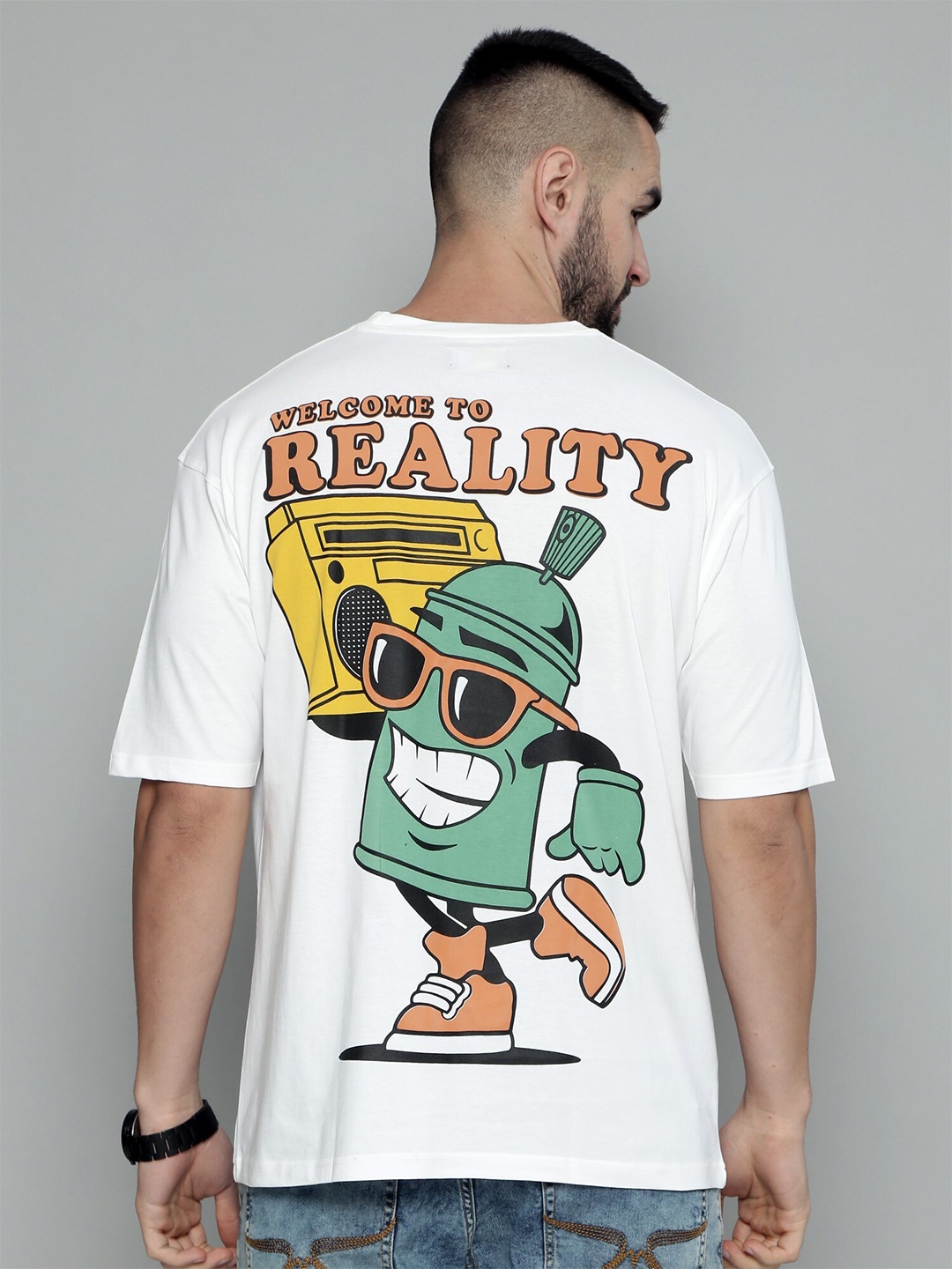 Maniac Typography Printed Cotton Oversized T-shirt, White