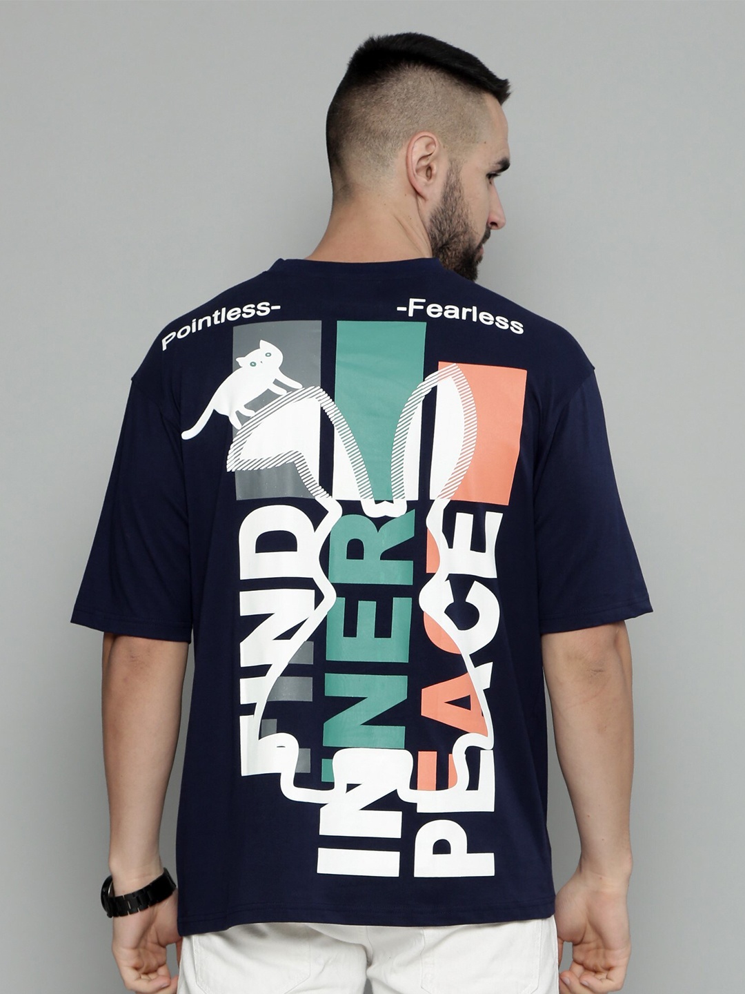 

Maniac Typography Printed Cotton Oversized T-shirt, Blue