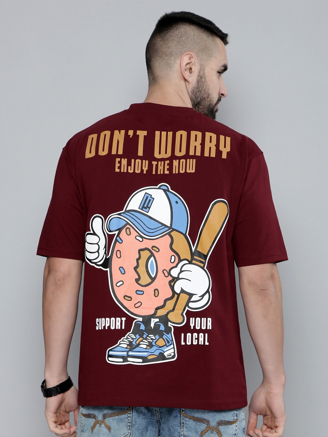 

Maniac Maniac Donut Printed Oversized Cotton T-shirt, Burgundy