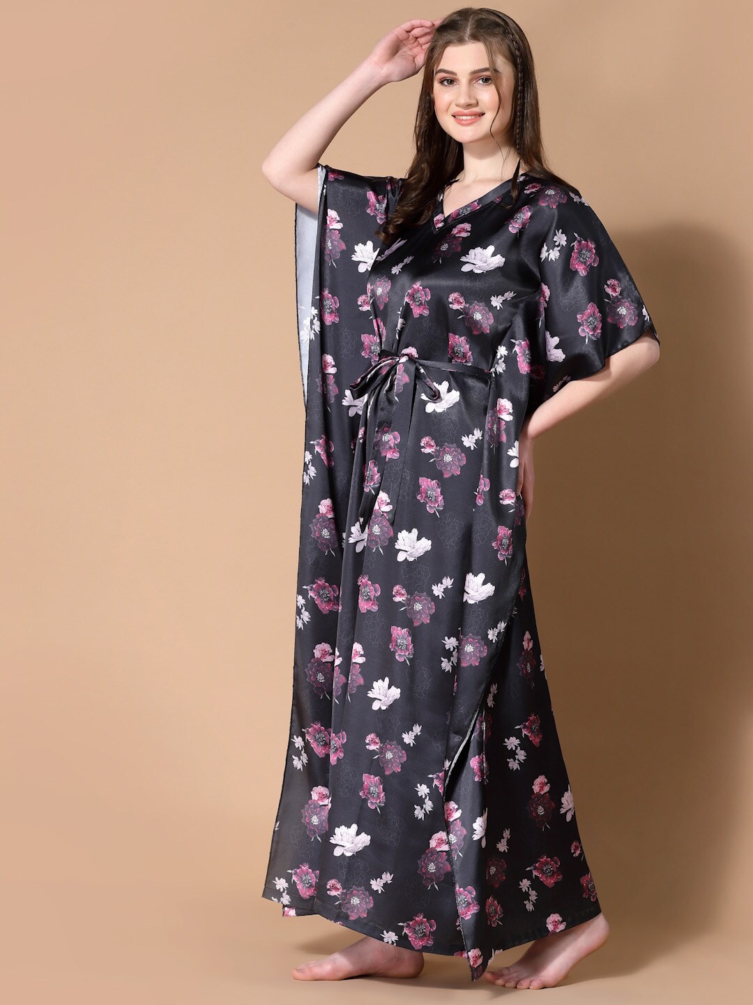 

MBeautiful Black Floral Printed Satin Maxi Kaftan Nightdress
