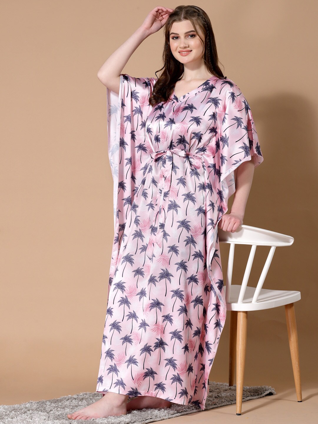 

MBeautiful Pink Tropical Printed Maxi Kaftan Nightdress