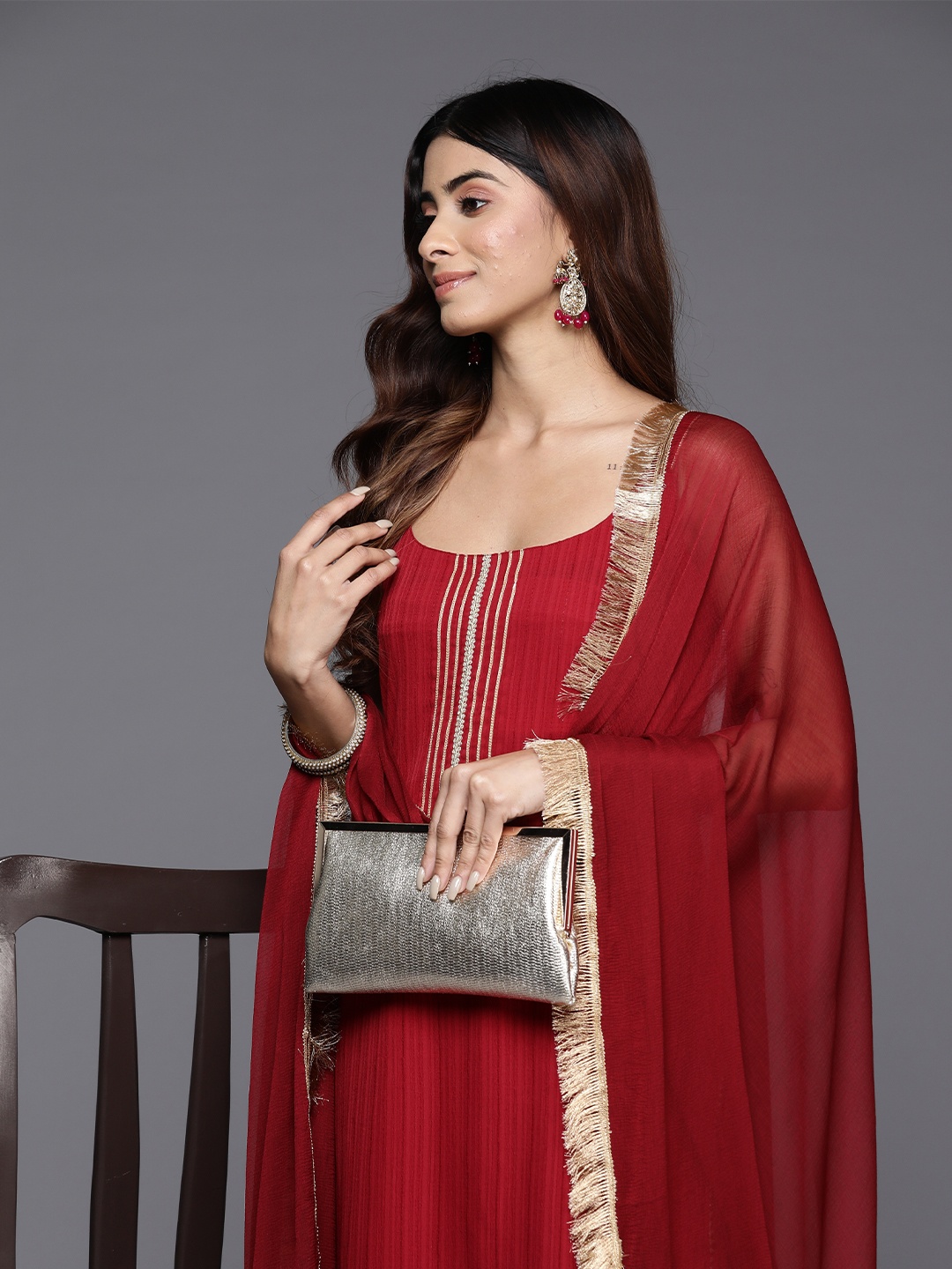

Varanga Maroon Gota Detailed Sleeveless Kurta with Trouser and Dupatta