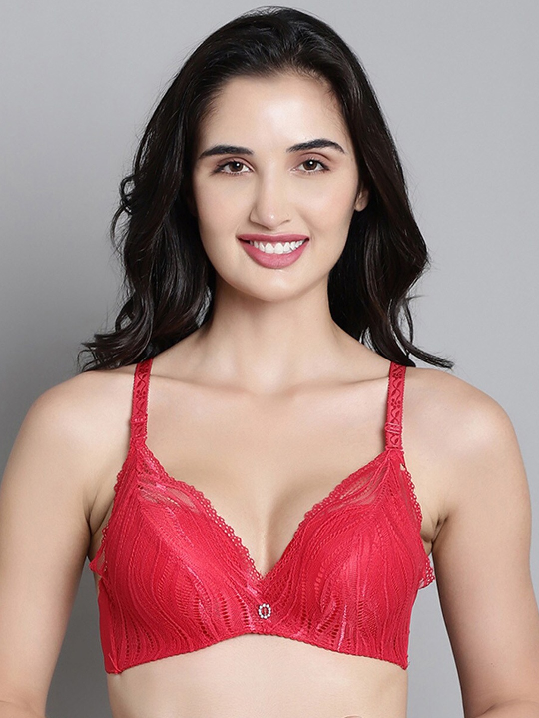 

MAKCLAN Self Design Lightly Padded Anti Odour Plunge Bra With All Day Comfort, Red
