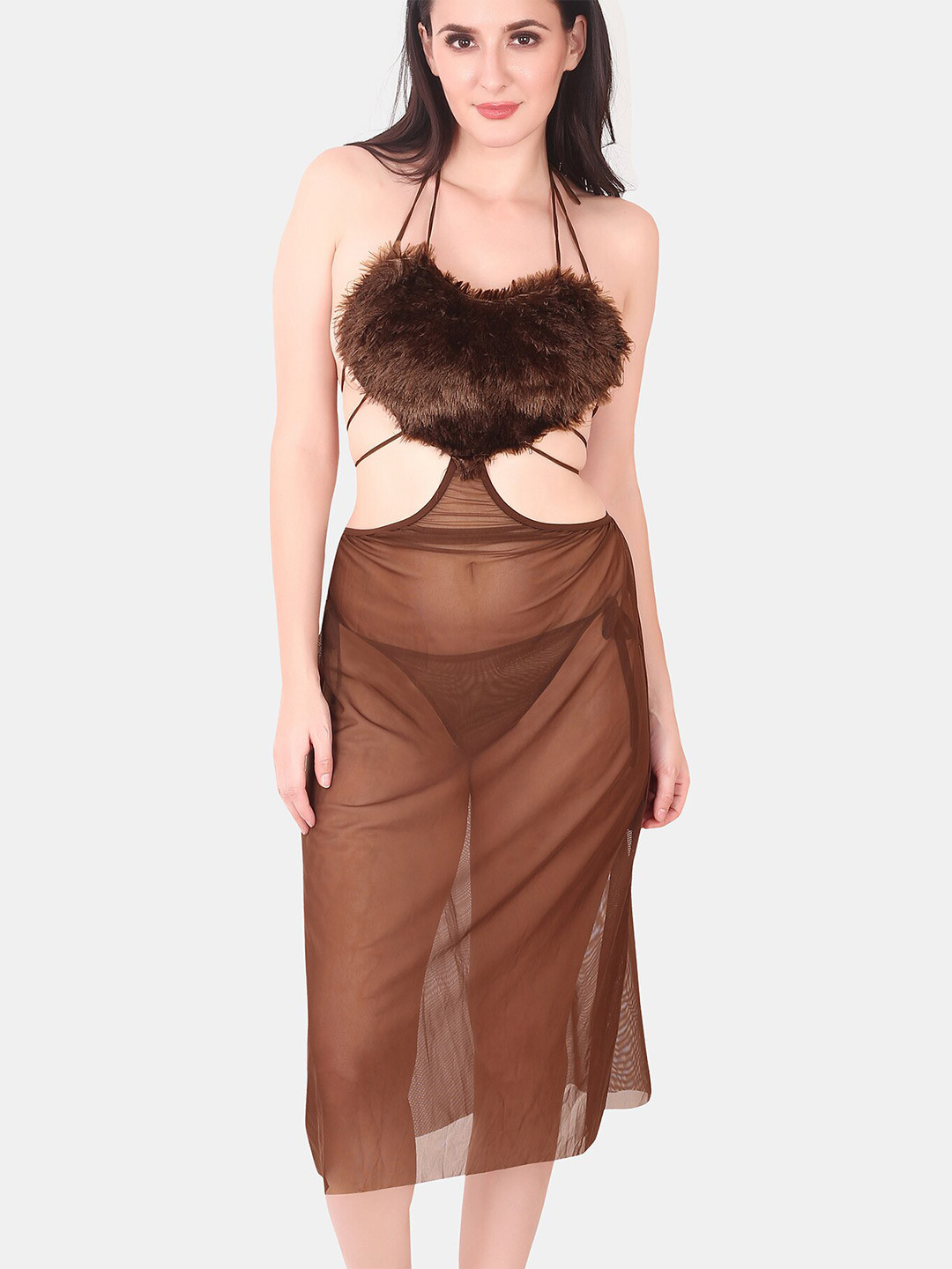 

Be You Self Design Fur Detail Halter Neck Baby Doll & Briefs, Brown