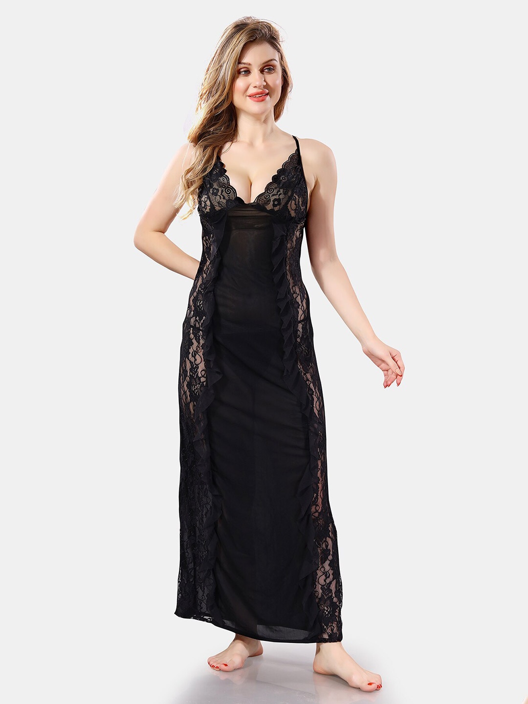 

Be You Self Design Shoulder Straps Net Baby Doll With Briefs, Black