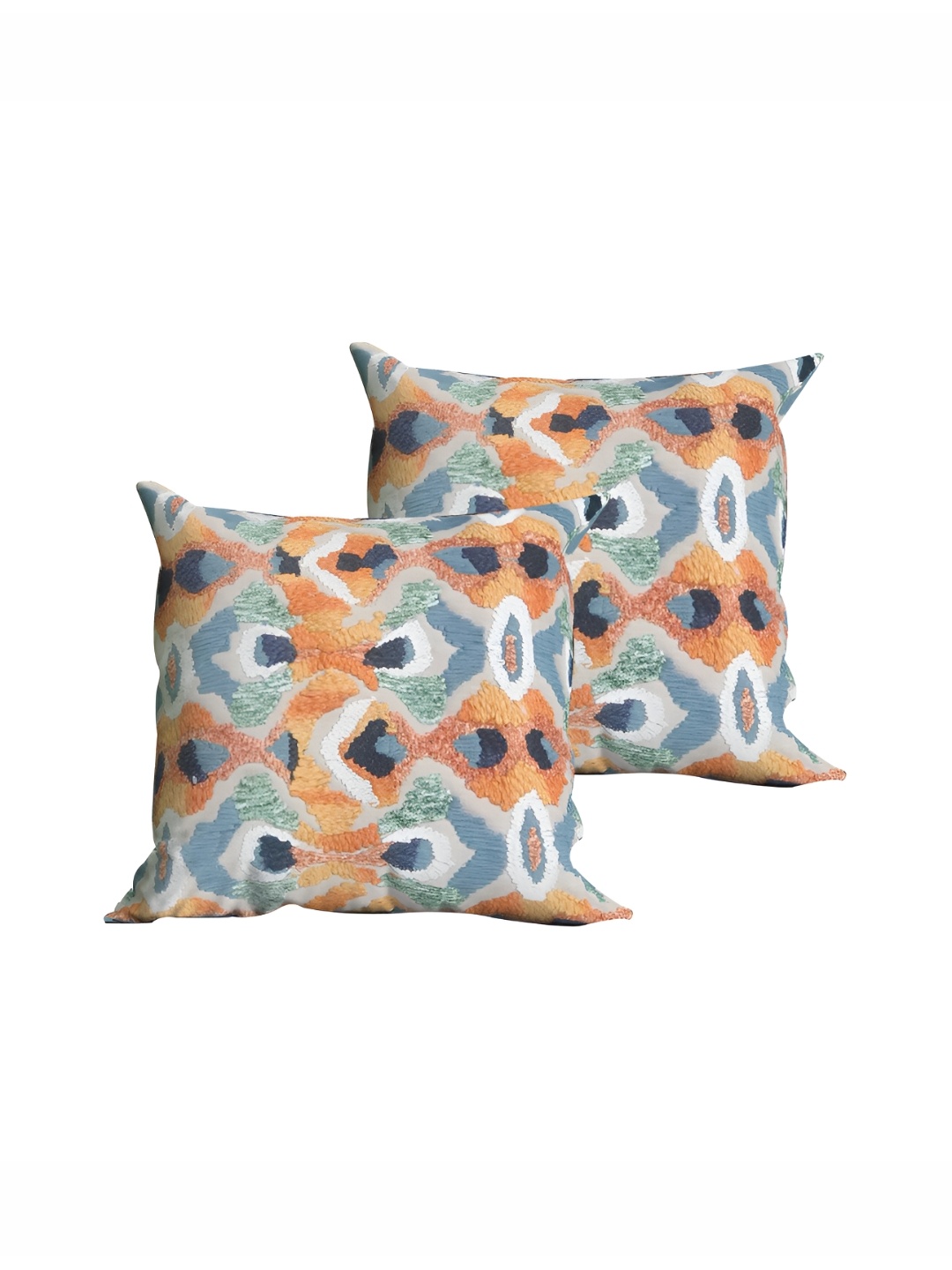 

SHADES of LIFE Blue & Orange 2 Pieces Abstract Embroidered Square Cotton Cushion Covers