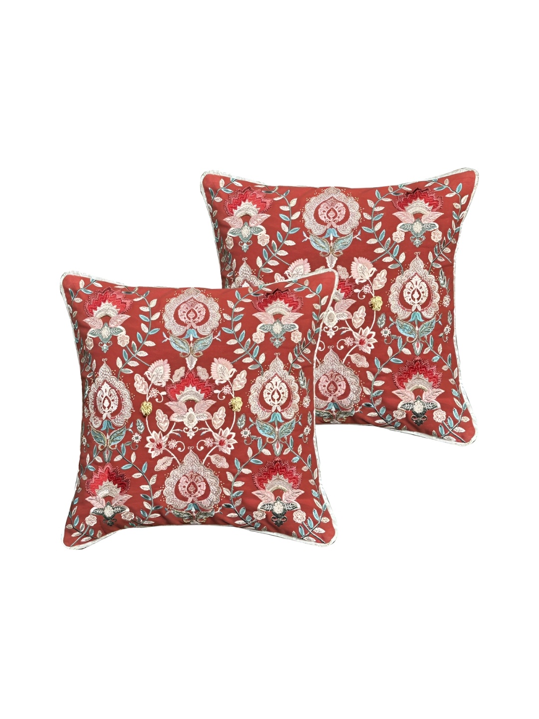 SHADES of LIFE Red & Blue 2 Pieces Floral Embroidered Square Cotton Cushion Covers