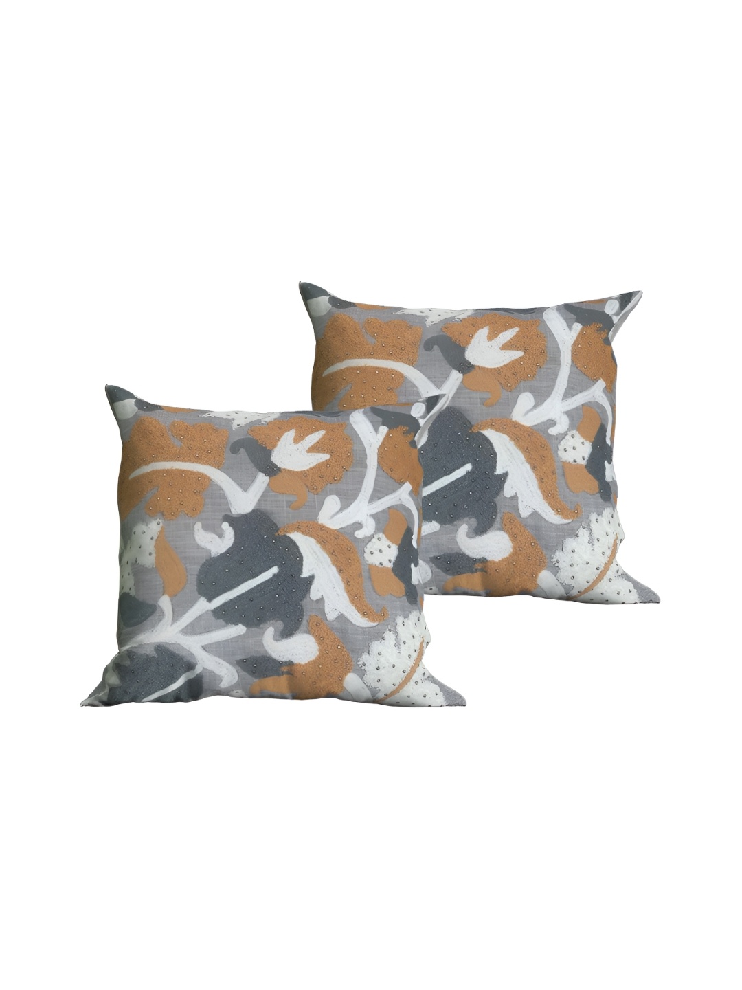 SHADES of LIFE Grey & Brown Floral Embroidered Square Pure Cotton Cushion Covers