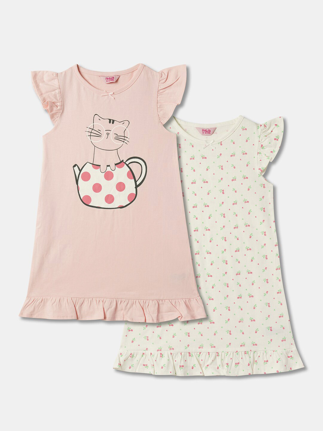 

R&B Girls Pack Of 2 Printed Pure Cotton Nightdress, Pink