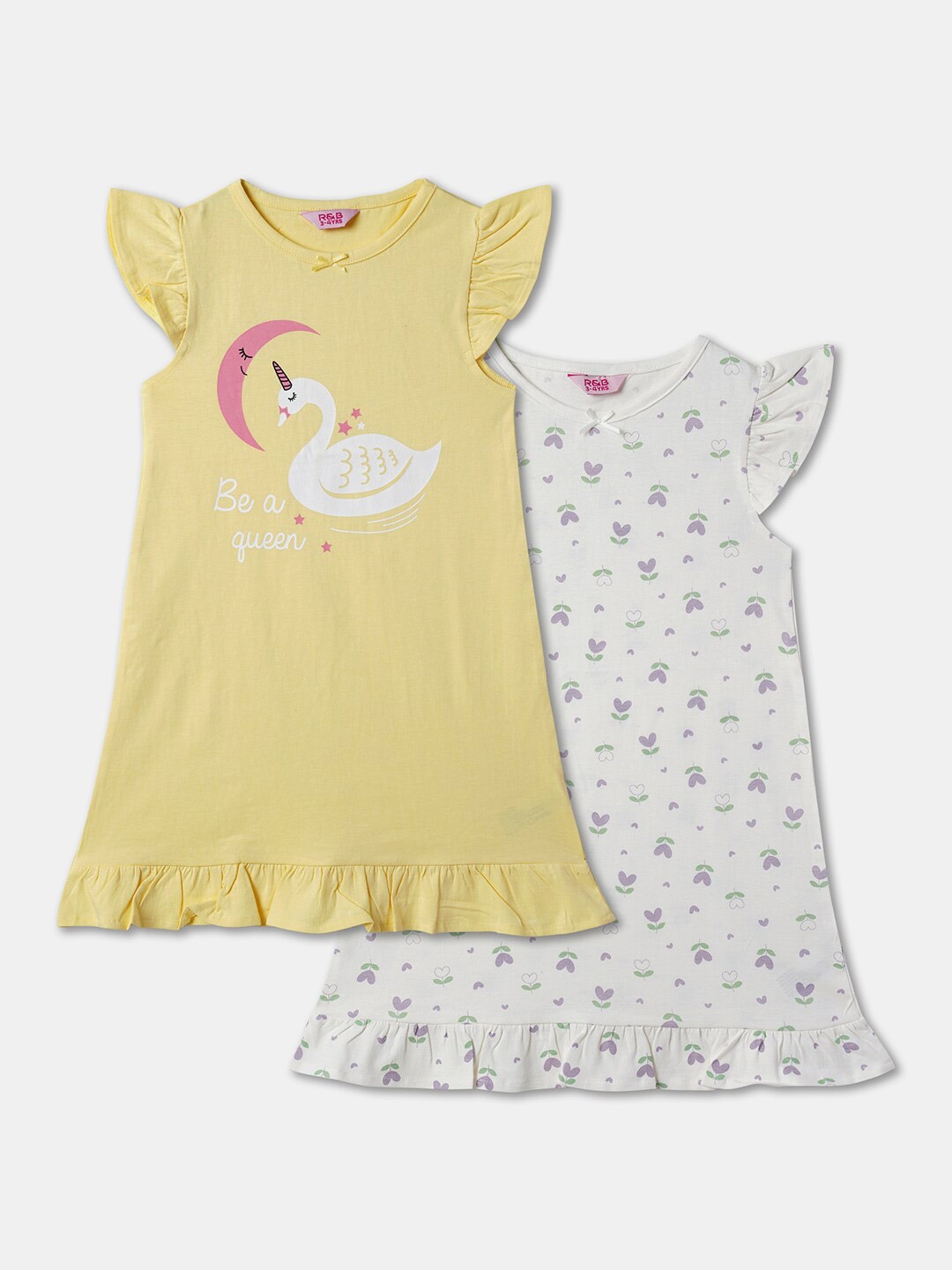 

R&B Girls Pack Of 2 Printed Pure Cotton Nightdress, White