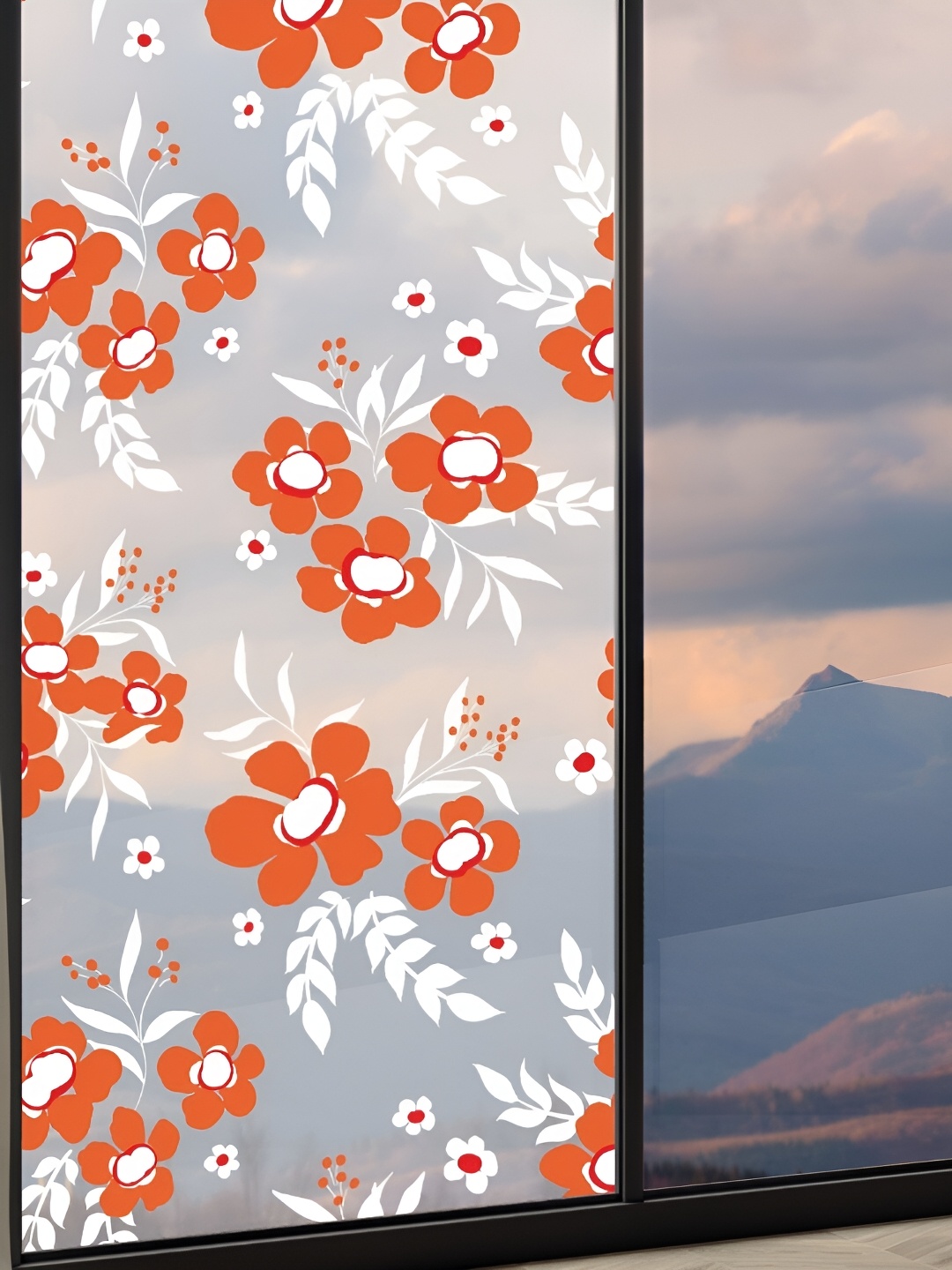 

CVANU Orange-colored & White Floral Waterproof & Self-adhesive Window Film