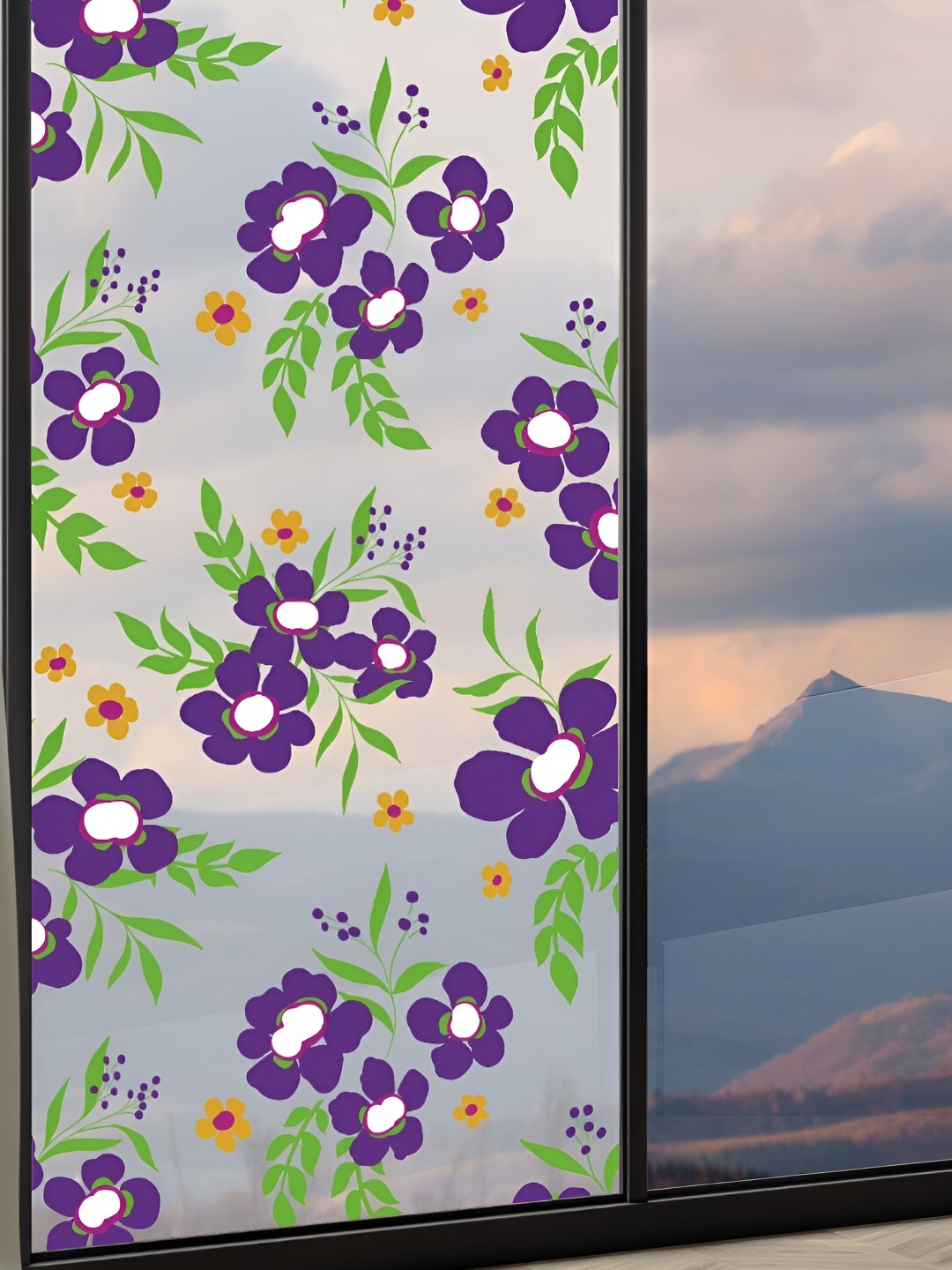 

CVANU Violet & Green Floral Waterproof & Self-adhesive Window Sticker