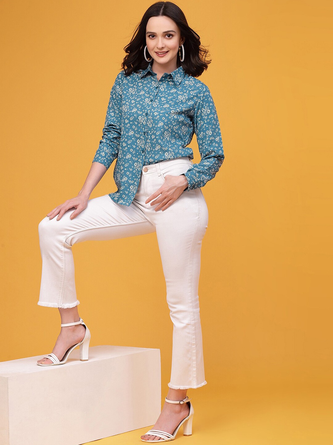Selvia New Floral Printed Spread Collar Casual Shirt, Teal