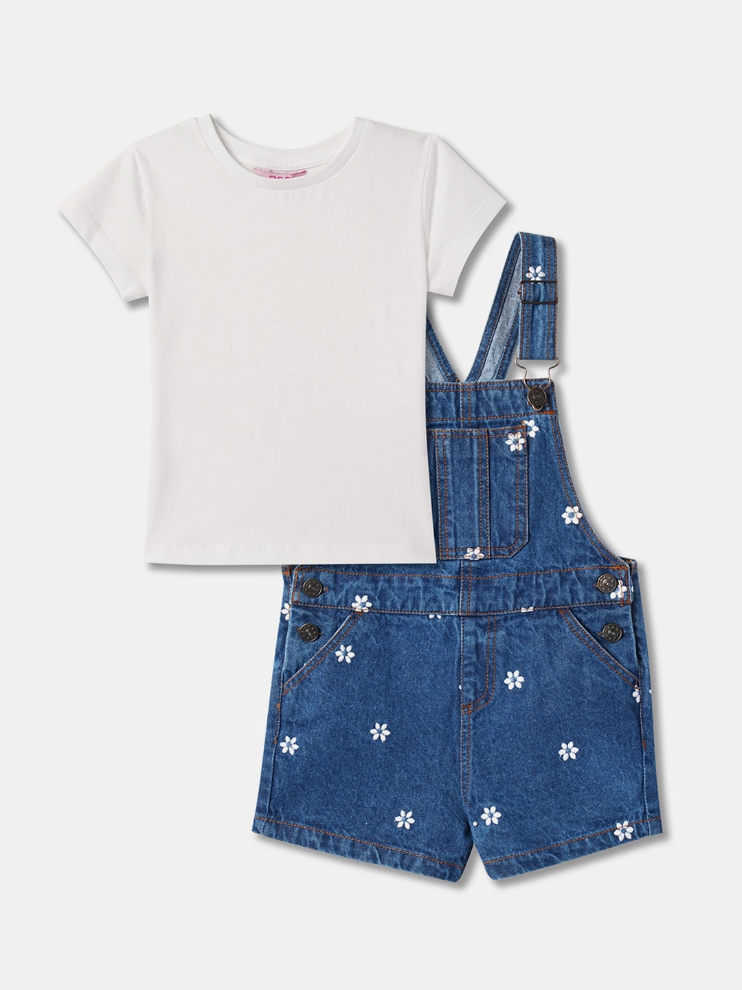 

R&B Girls Cotton Straight Leg Dungaree With T-Shirt, Blue