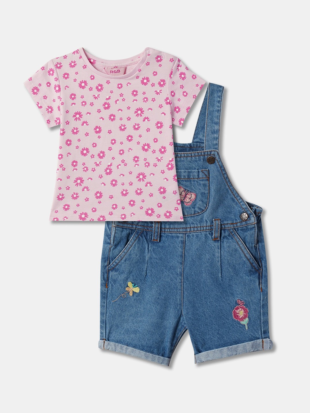 

R&B Infant Girls Cotton Dungaree With T-Shirt, Blue