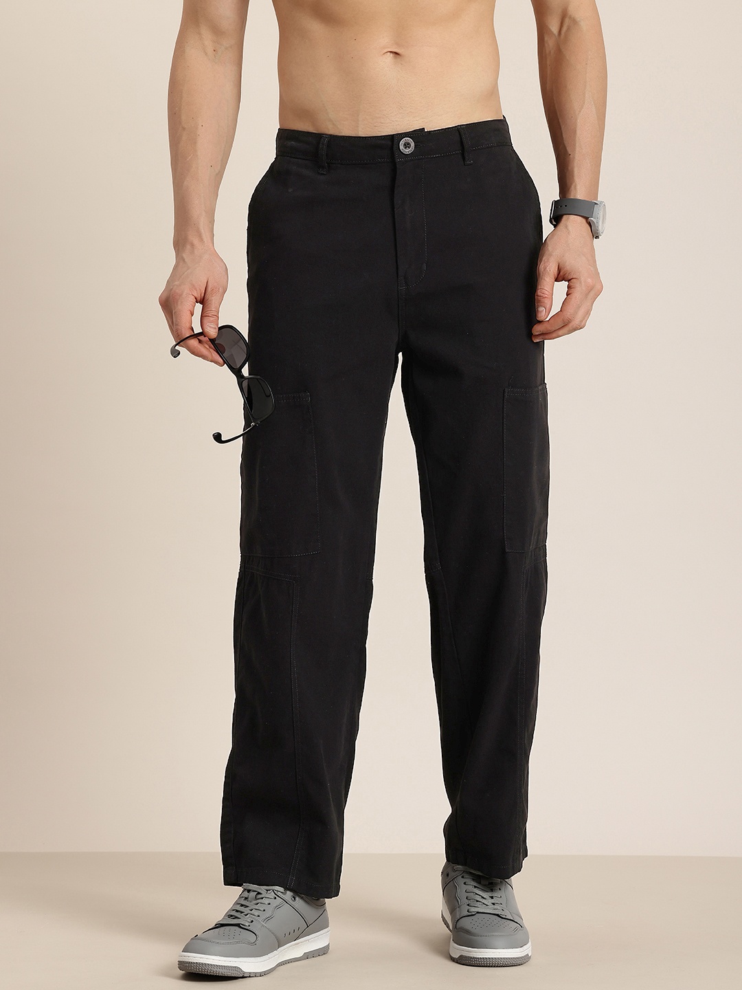 

HERE&NOW Men Pure Cotton Relaxed Fit Trousers, Black