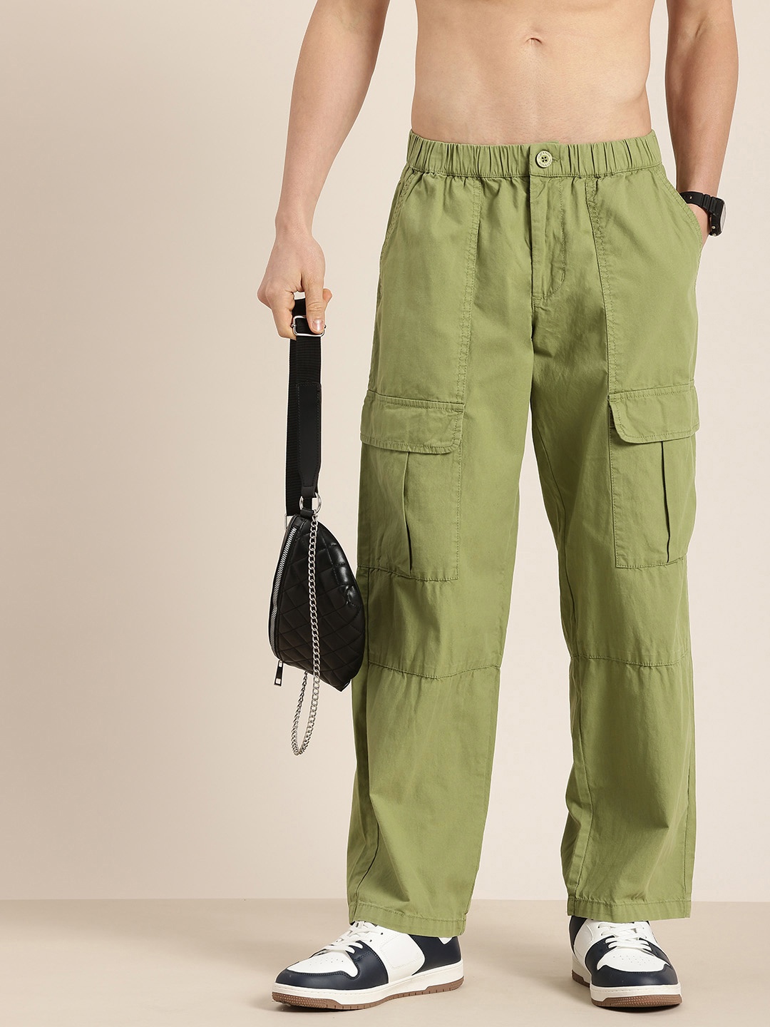 

HERE&NOW Men Relaxed Fit Pure Cotton Cargos, Green