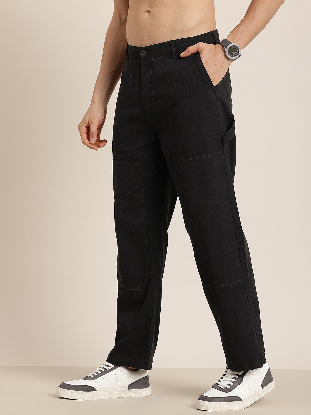 

HERE&NOW Men Pure Cotton Relaxed Fit Chinos Trousers, Black