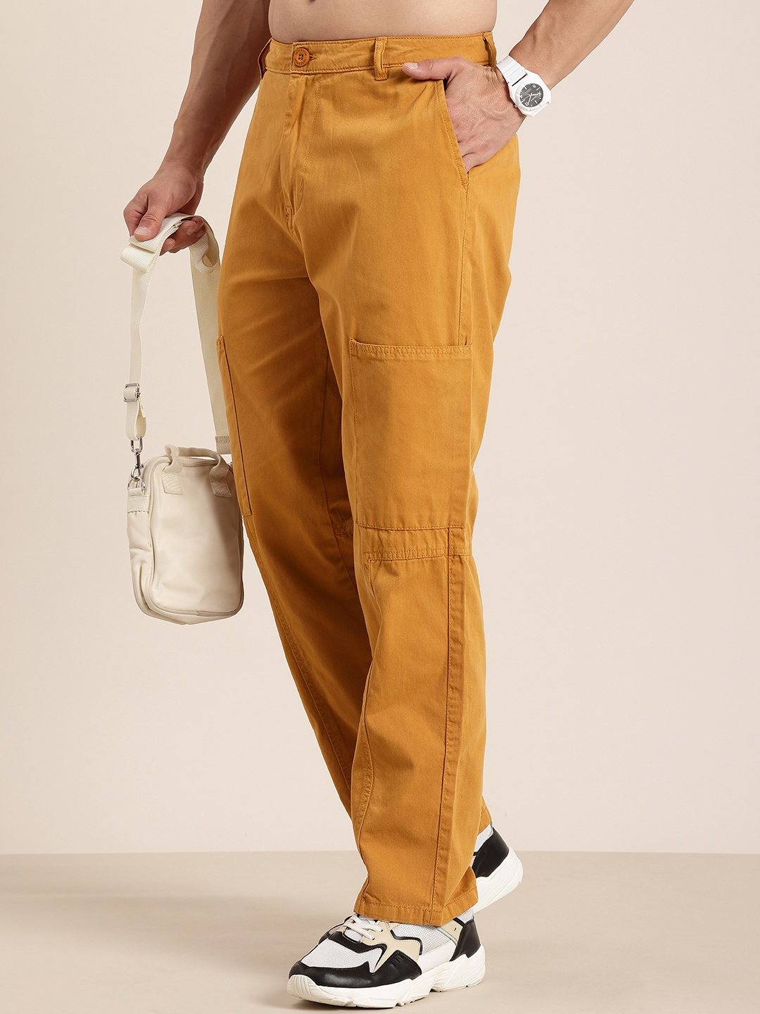 

HERE&NOW Men Pure Cotton Relaxed Fit Chinos Cargo Trousers, Rust