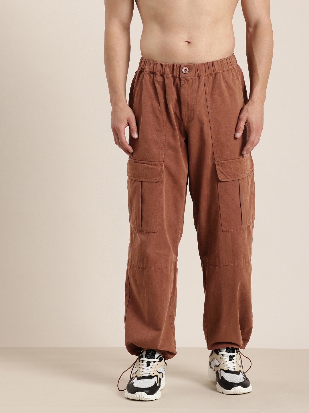 

HERE&NOW Men Pure Cotton Relaxed Fit Cargo Joggers, Brown