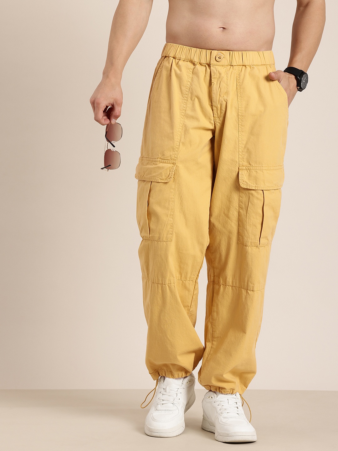 

HERE&NOW Men Pure Cotton Relaxed Fit Cargo Joggers, Mustard