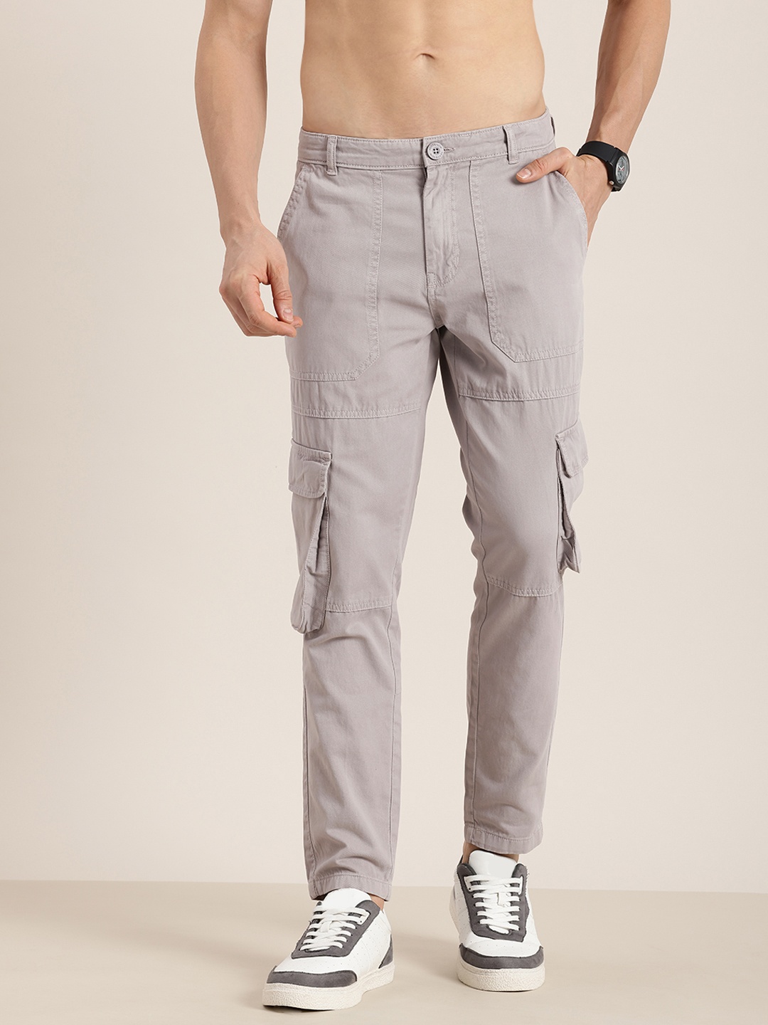 

HERE&NOW Men Pure Cotton Slim Fit Cargos Trousers, Grey