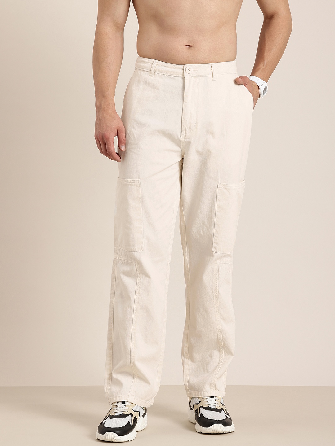 

HERE&NOW Men Pure Cotton Relaxed Fit Chinos Cargo Trousers, Off white