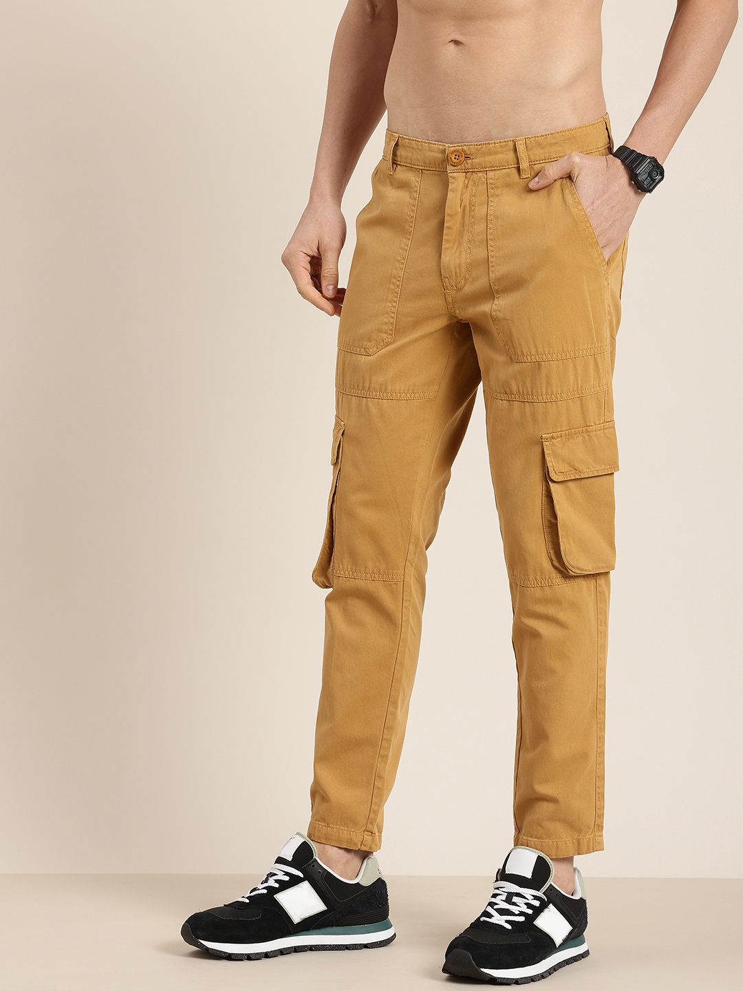 

HERE&NOW Men Slim Fit Pure Cotton Cargo Trousers, Mustard