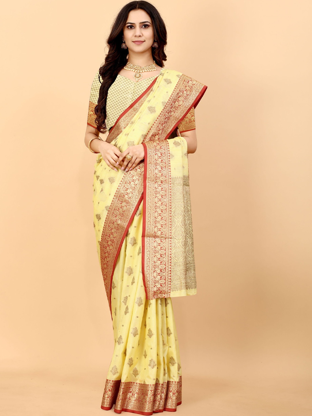 

V3 FASHION STUDIO Ethnic Motifs Woven Design Zari Pure Silk Banarasi Saree, Yellow