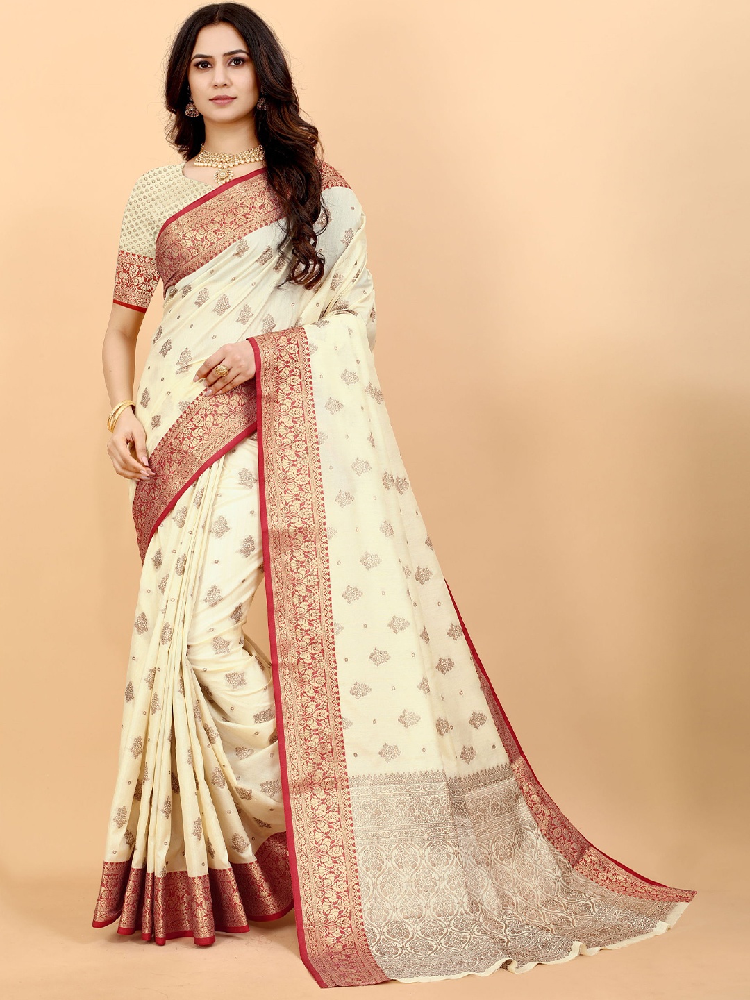 

V3 FASHION STUDIO Ethnic Motifs Zari Pure Silk Banarasi Saree, Cream