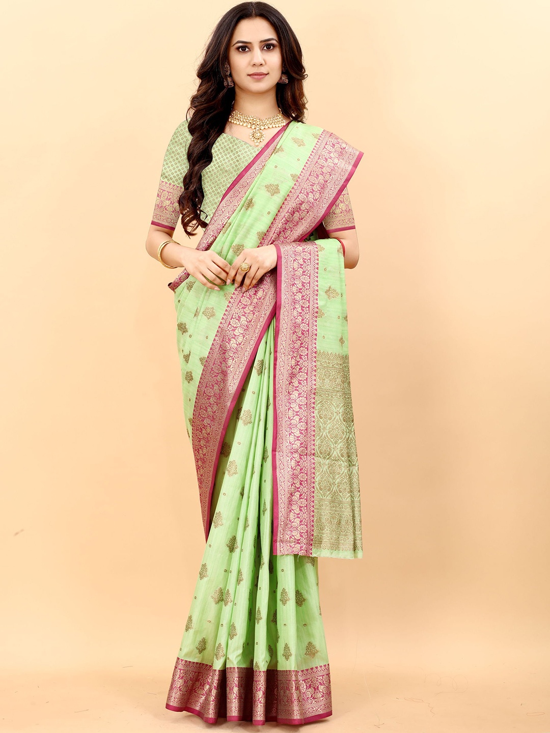 

V3 FASHION STUDIO Ethnic Motifs Woven Design Zari Pure Silk Banarasi Saree, Green