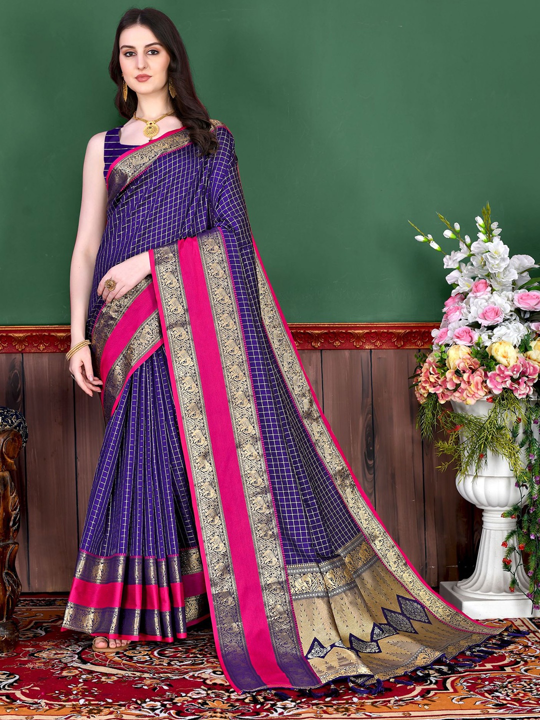 

V3 FASHION STUDIO Checked Woven Design Zari Pure Silk Banarasi Saree, Navy blue