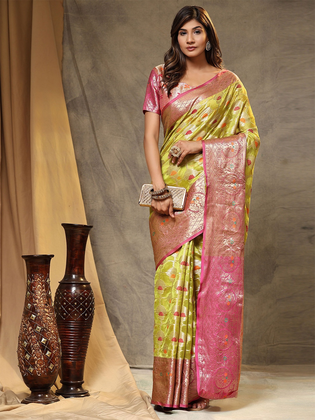 

V3 FASHION STUDIO Ethnic Motifs Woven Design Zari Organza Banarasi Saree, Olive