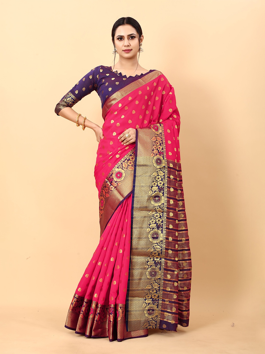 

V3 FASHION STUDIO Ethnic Woven Design Zari Pure Silk Banarasi Saree, Pink