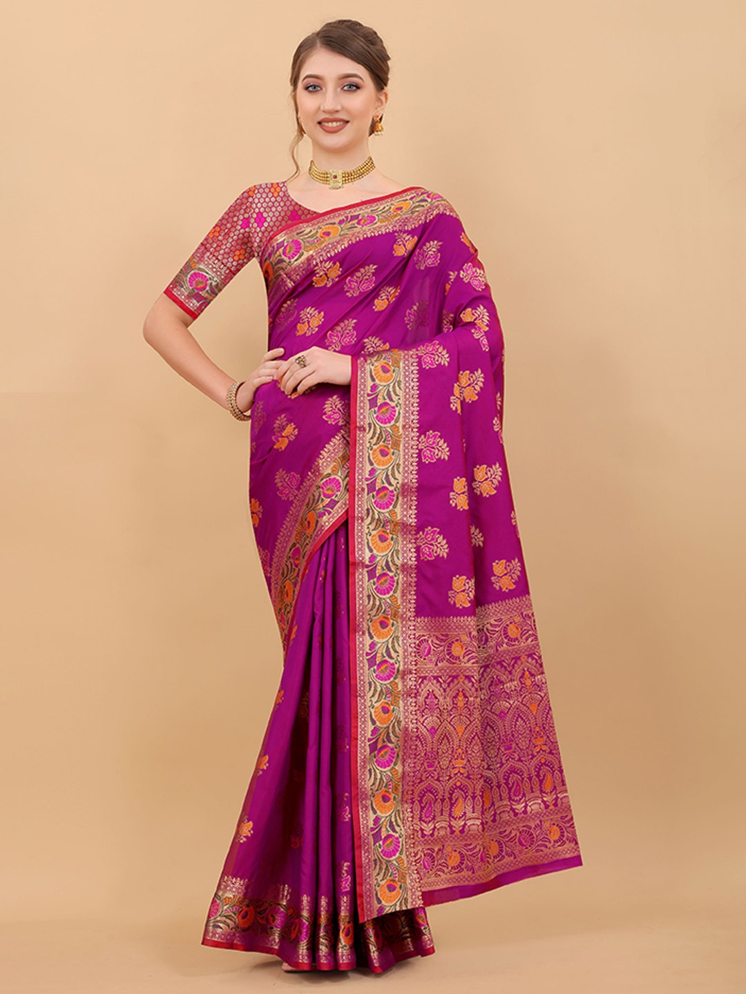 

V3 FASHION STUDIO Ethnic Motifs Woven Design Zari Pure Silk Banarasi Saree, Pink