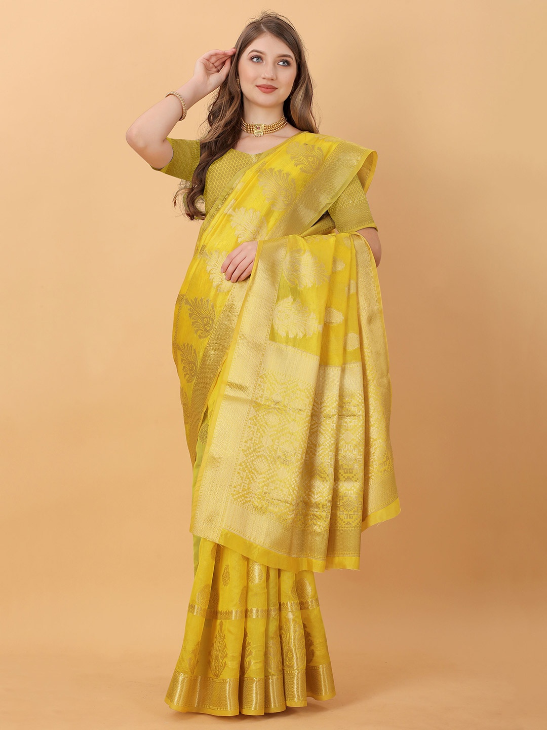 

V3 FASHION STUDIO Ethnic Motifs Zari Organza Jamdani Saree, Yellow