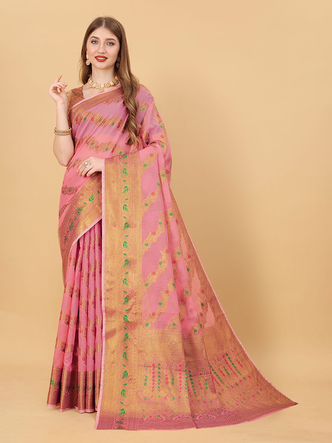 

V3 FASHION STUDIO Ethnic Motifs Zari Pure Linen Jamdani Saree, Pink