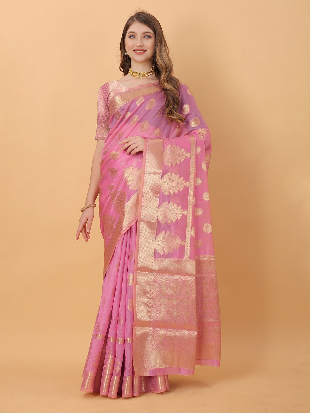 

V3 FASHION STUDIO Ethnic Motifs Zari Organza Jamdani Saree, Pink