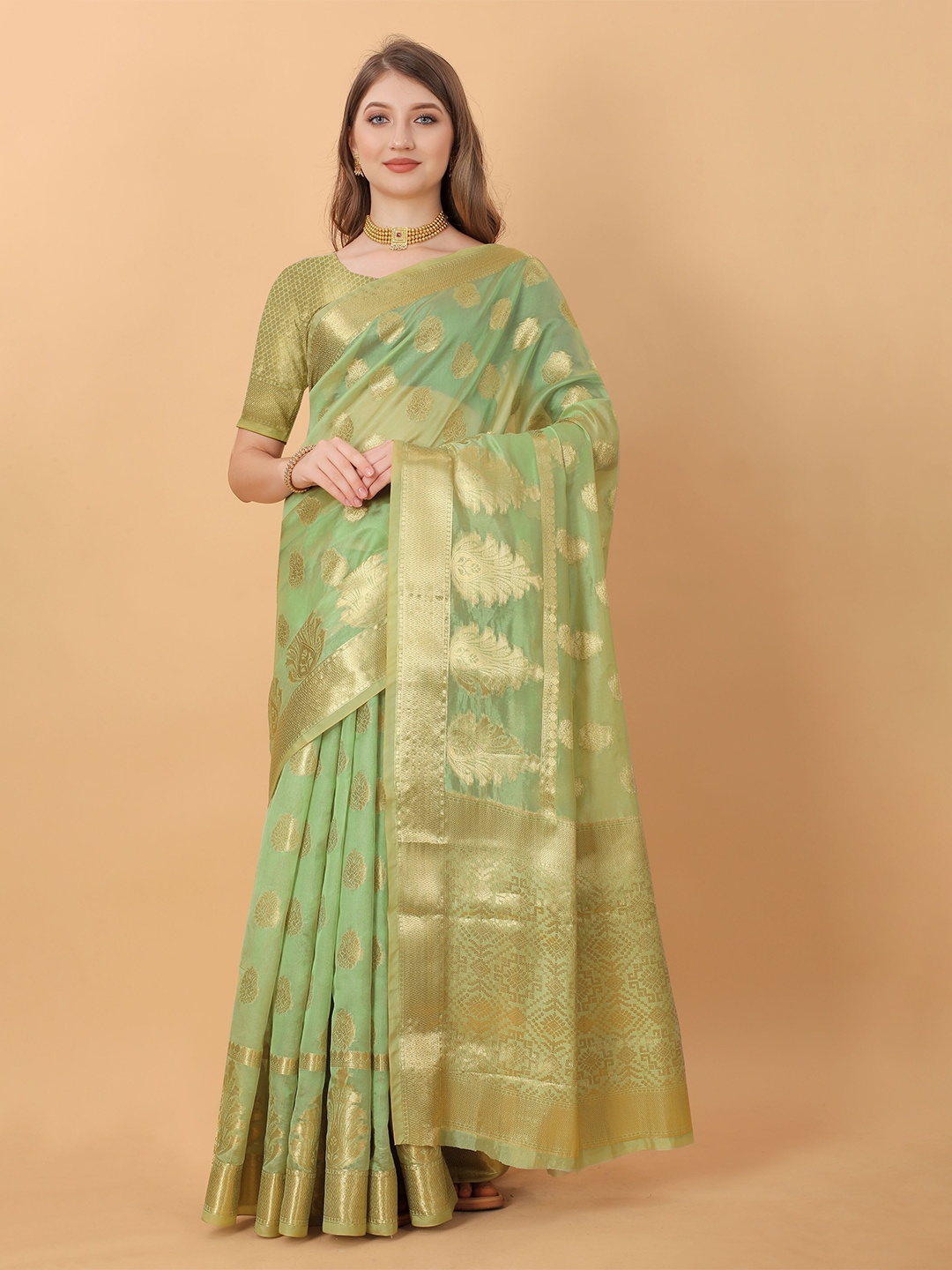 

V3 FASHION STUDIO Ethnic Motifs Zari Organza Jamdani Saree, Green