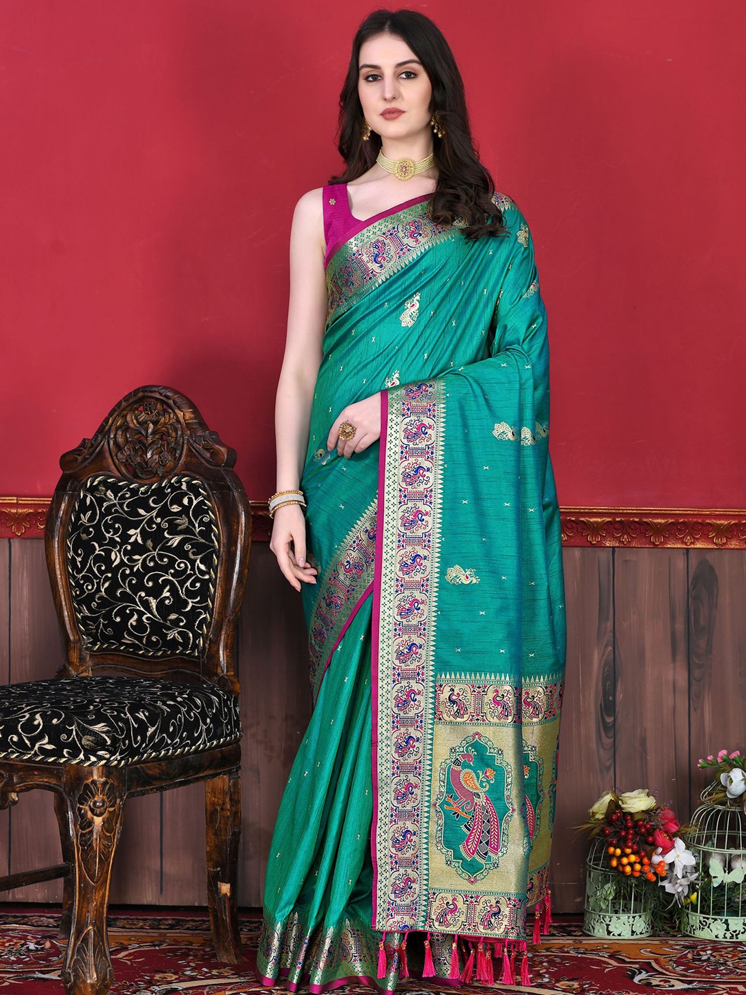 

V3 FASHION STUDIO Ethnic Motifs Zari Pure Silk Paithani Saree, Turquoise blue
