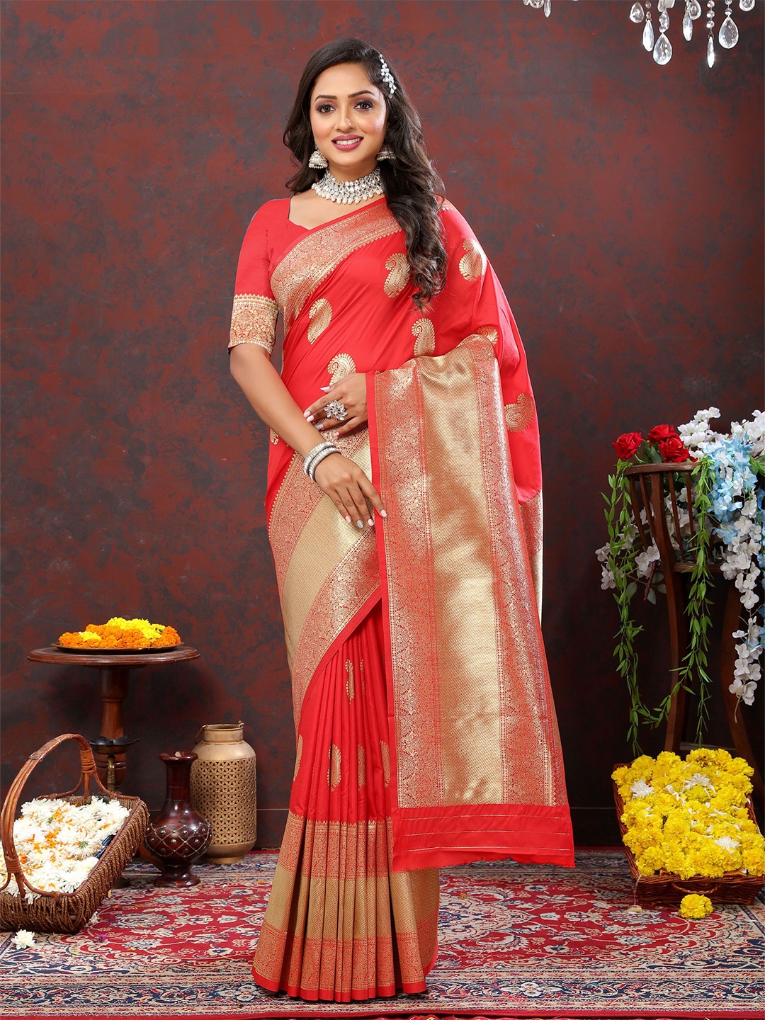

V3 FASHION STUDIO Ethnic Motifs Woven Design Zari Pure Silk Banarasi Saree, Red